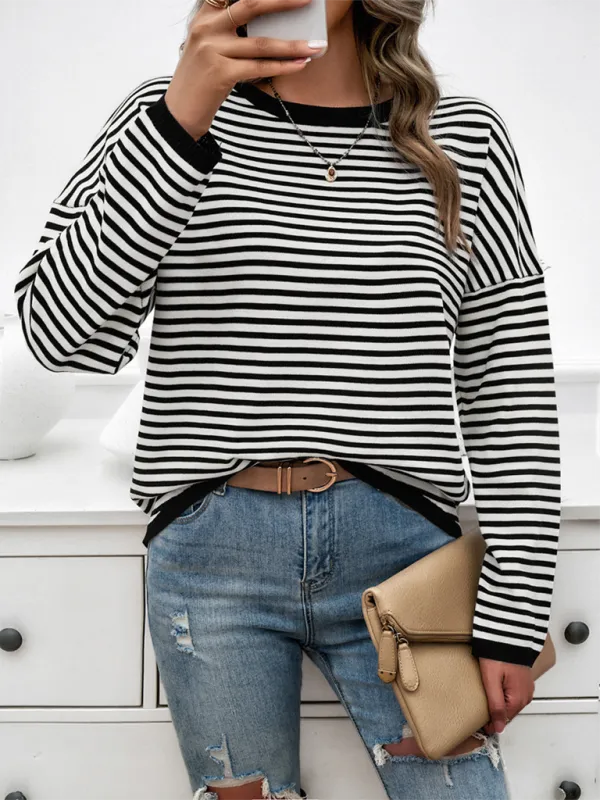 Cozy Stripe Women's Drop-Shoulder Sweater Pullover