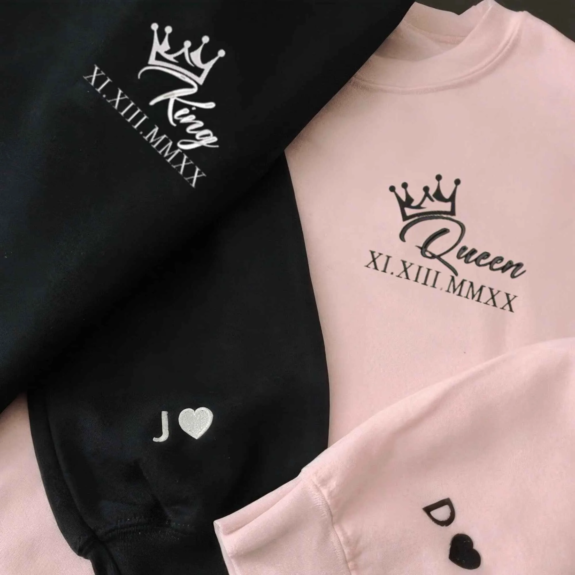 Custom Embroidered King and Queen Couple Hoodies | Matching Hoodies With Roman Date Design