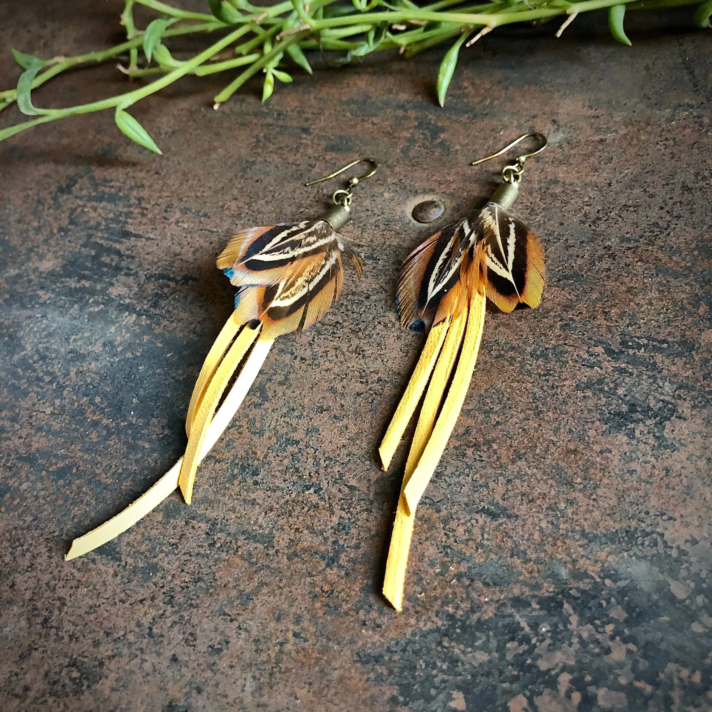 Earrings, Mini Feathers with Deerskin Tassels - SALE!