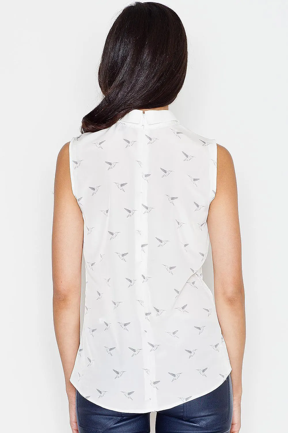 Elegant Bird Motif Sleeveless Blouse with Stylish Collar and Zip Back Closure