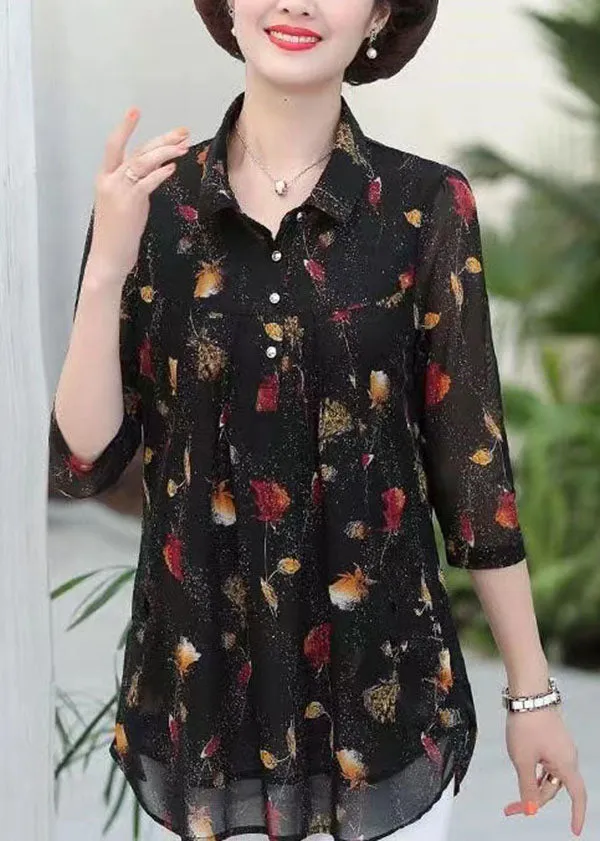 Elegant Black Peter Pan Collar Print Patchwork Silk Shirts Top Summer LY6714