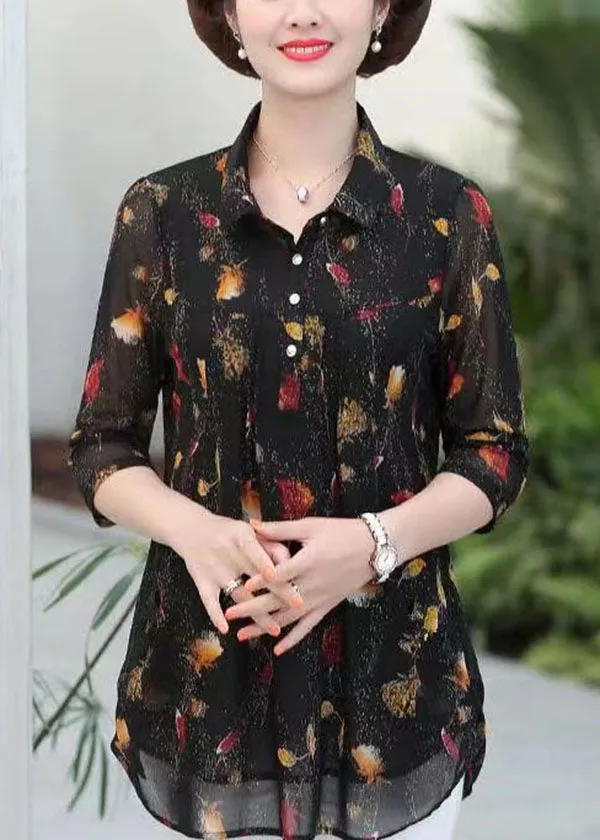 Elegant Black Peter Pan Collar Print Patchwork Silk Shirts Top Summer LY6714