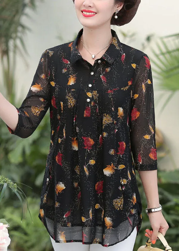 Elegant Black Peter Pan Collar Print Patchwork Silk Shirts Top Summer LY6714