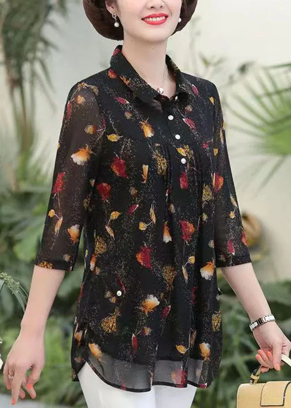 Elegant Black Peter Pan Collar Print Patchwork Silk Shirts Top Summer LY6714