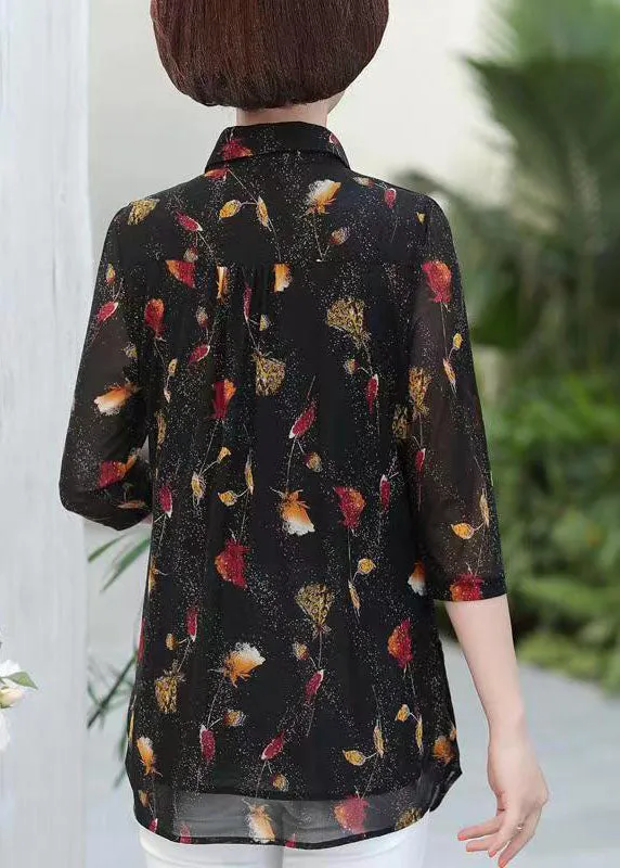 Elegant Black Peter Pan Collar Print Patchwork Silk Shirts Top Summer LY6714