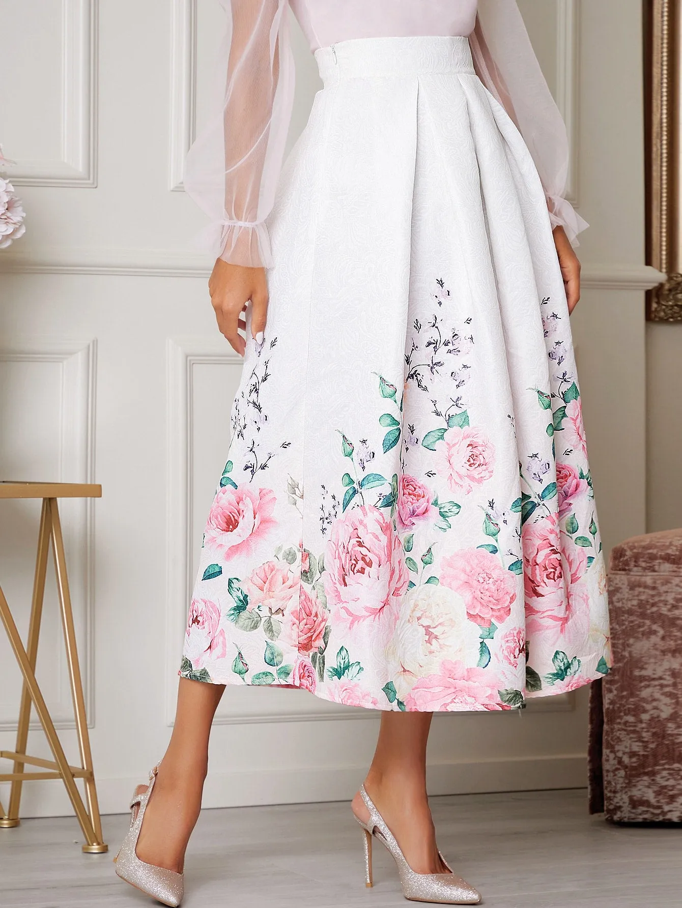 Elegant Floral Zipper High Waist Long Women Skirts