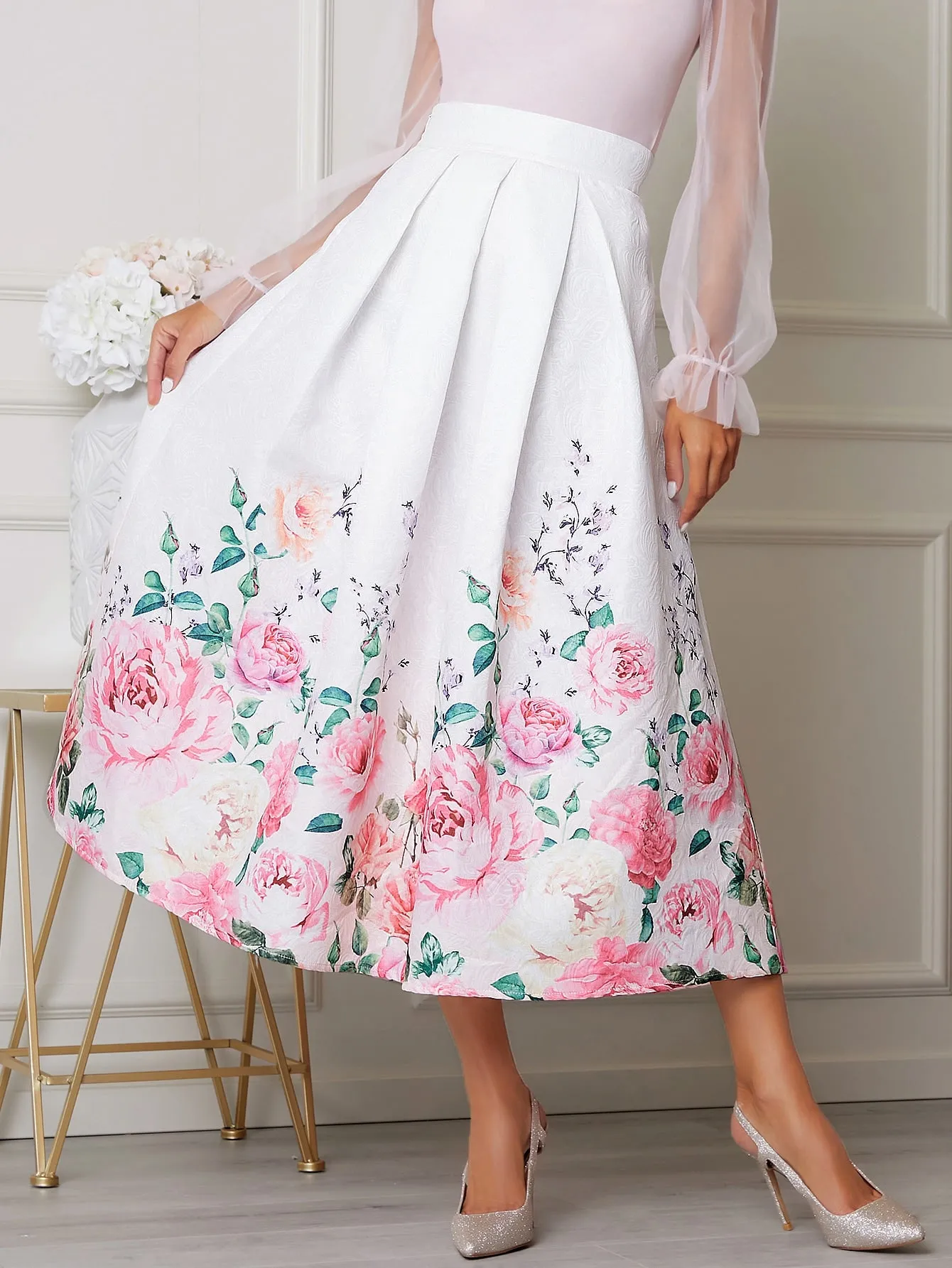 Elegant Floral Zipper High Waist Long Women Skirts