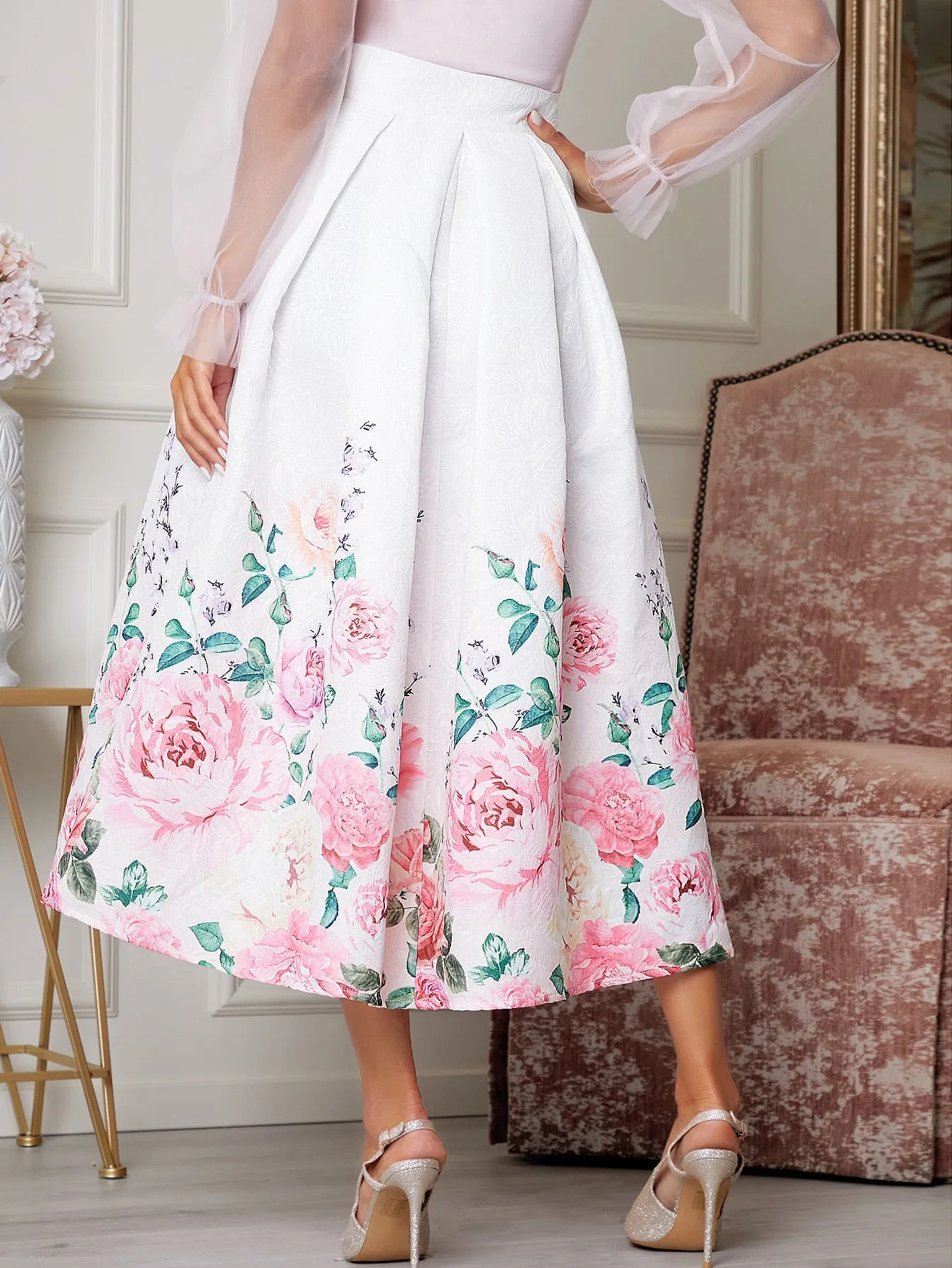 Elegant Floral Zipper High Waist Long Women Skirts