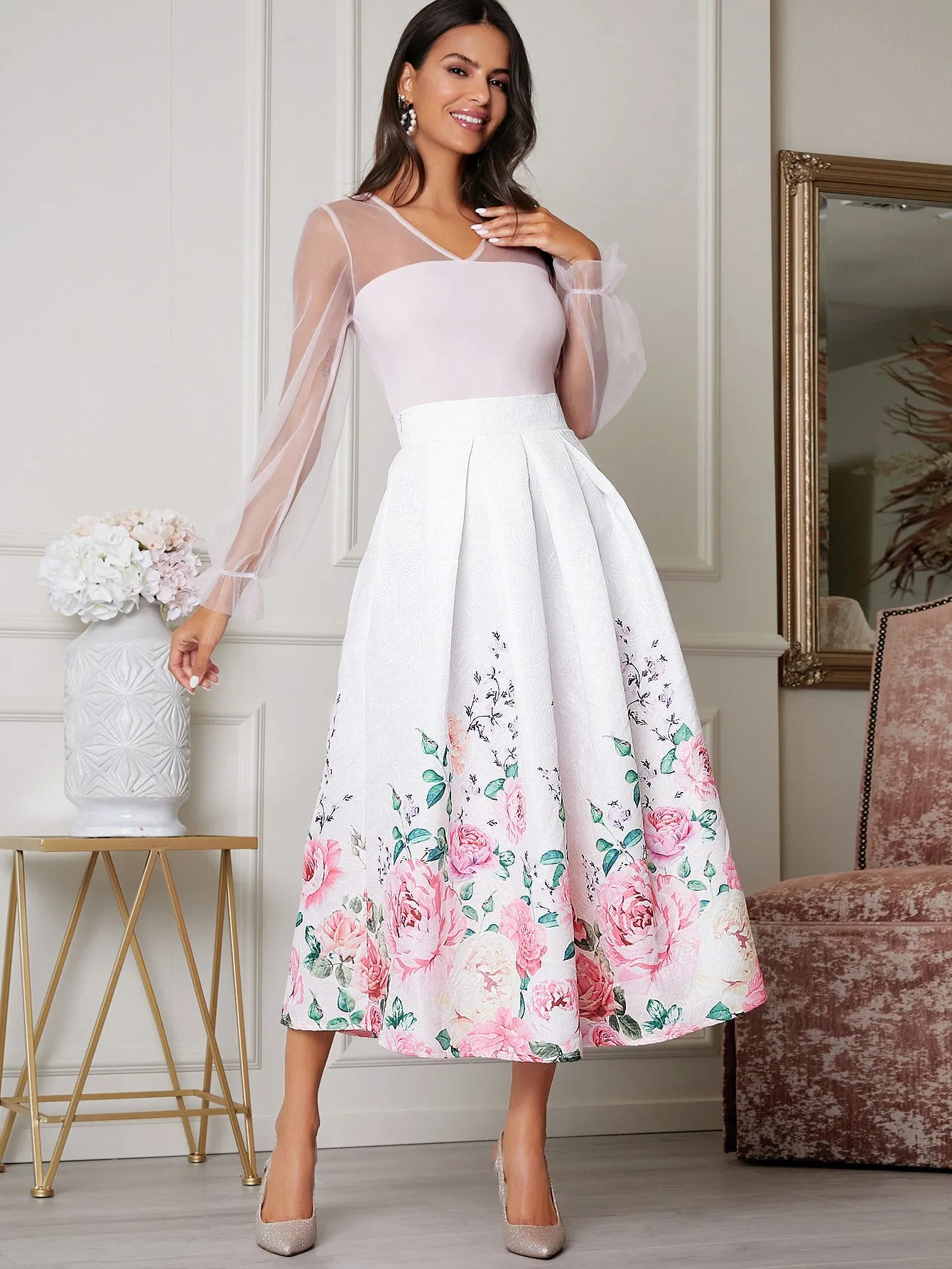 Elegant Floral Zipper High Waist Long Women Skirts