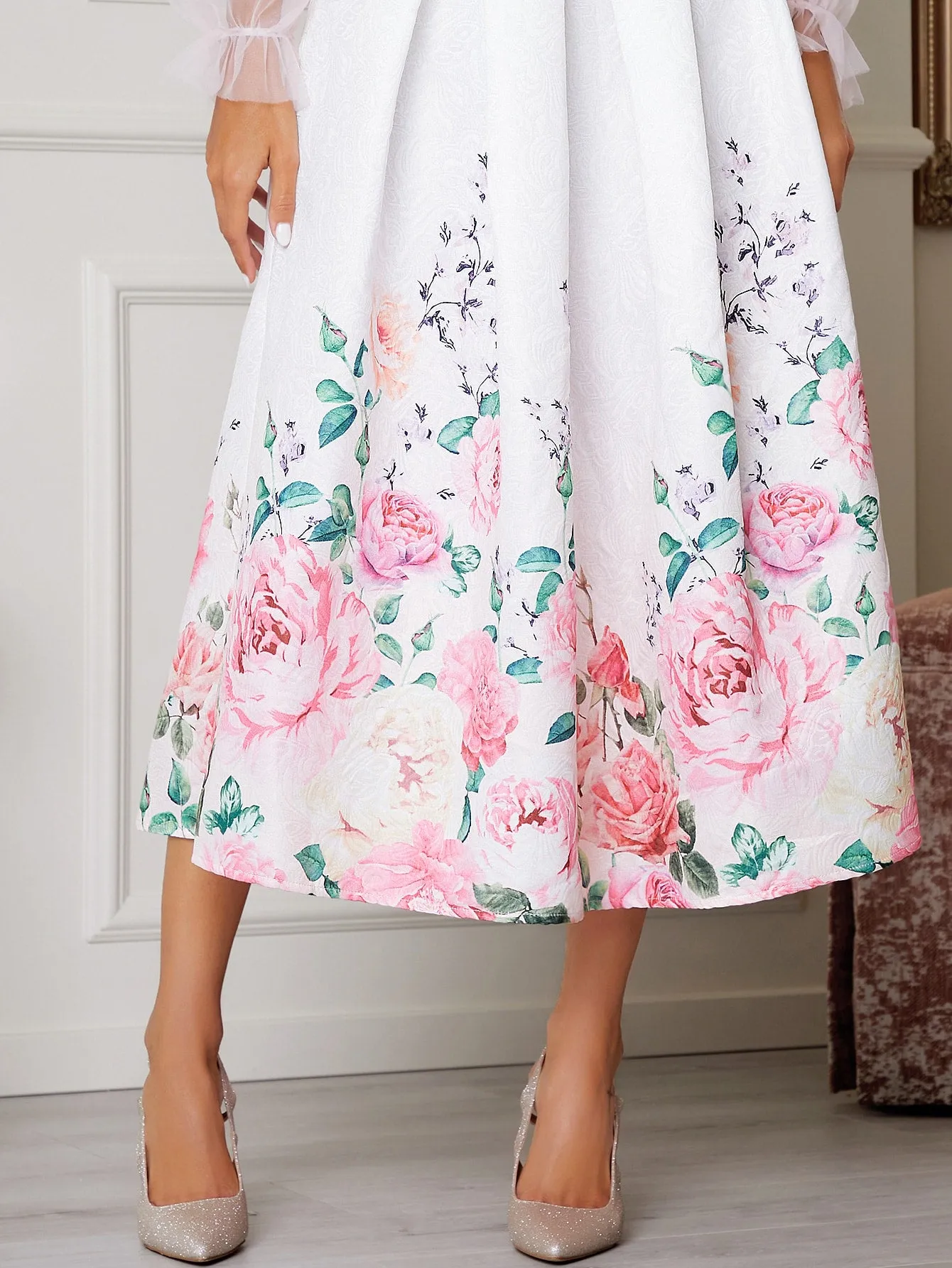 Elegant Floral Zipper High Waist Long Women Skirts