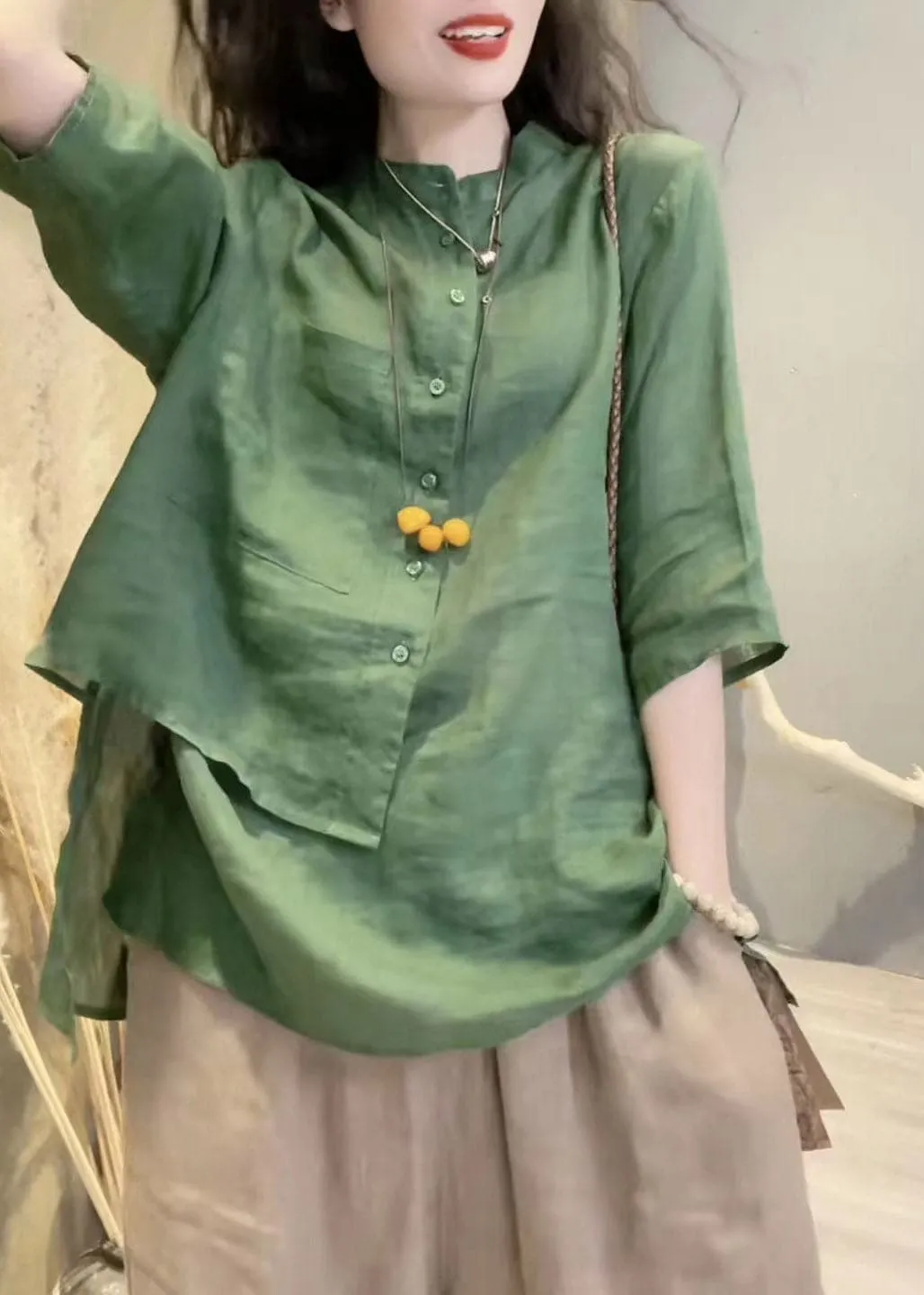 Elegant Green Stand Collar Asymmetrical Button Linen Shirts Long Sleeve