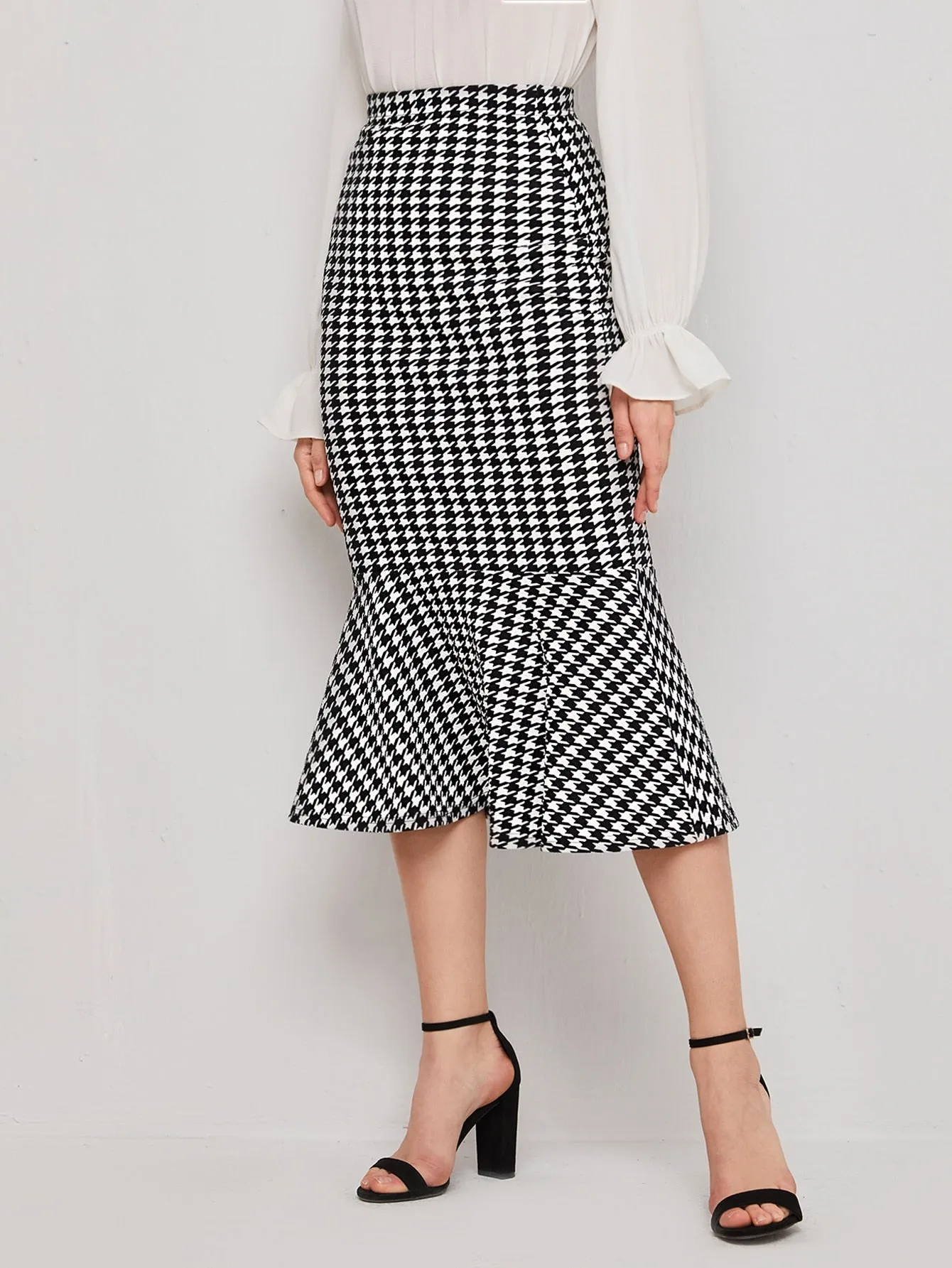 Elegant Houndstooth Ruffle Hem High Waist Long Women Skirt