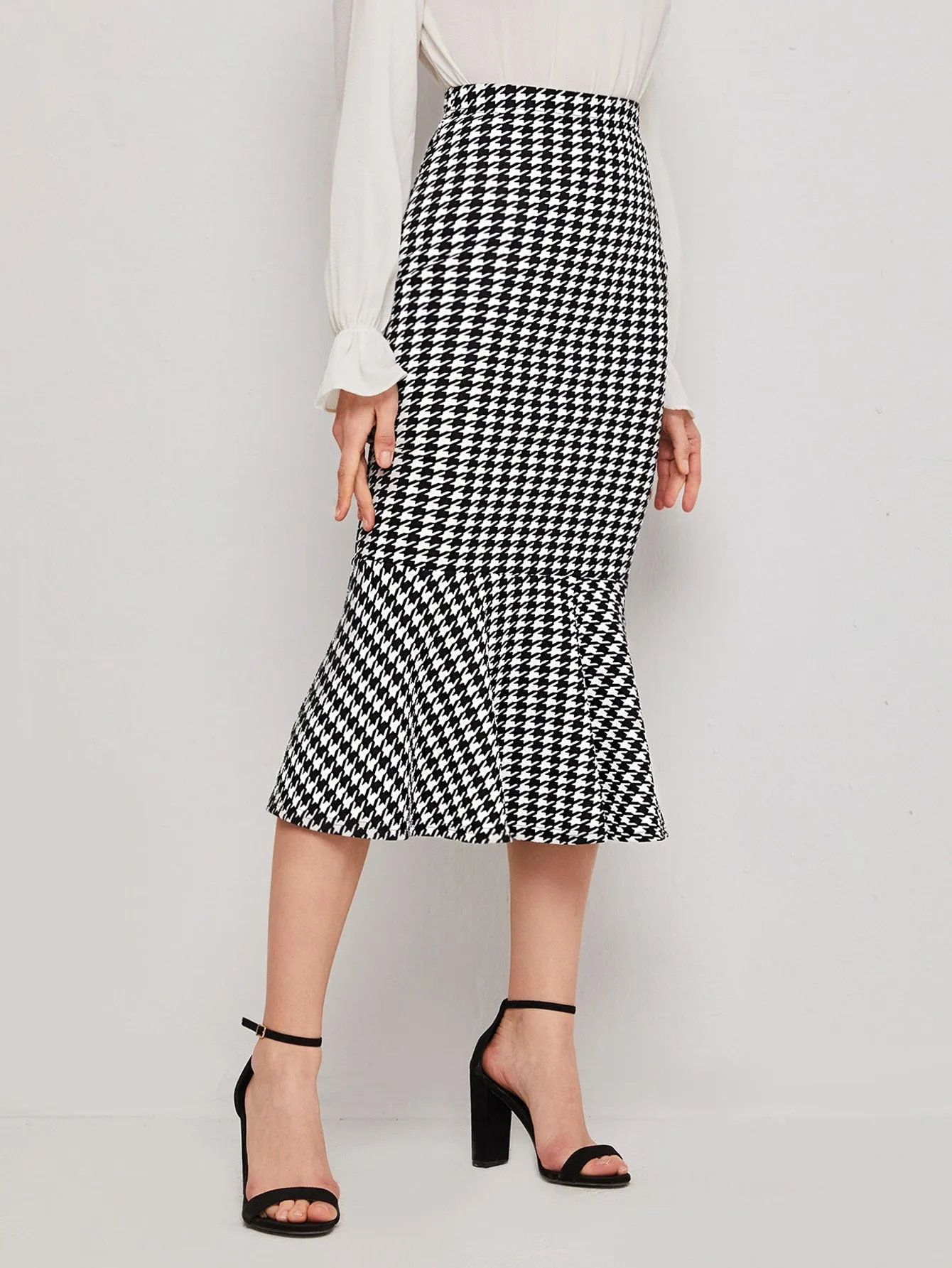 Elegant Houndstooth Ruffle Hem High Waist Long Women Skirt