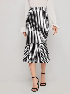 Elegant Houndstooth Ruffle Hem High Waist Long Women Skirt