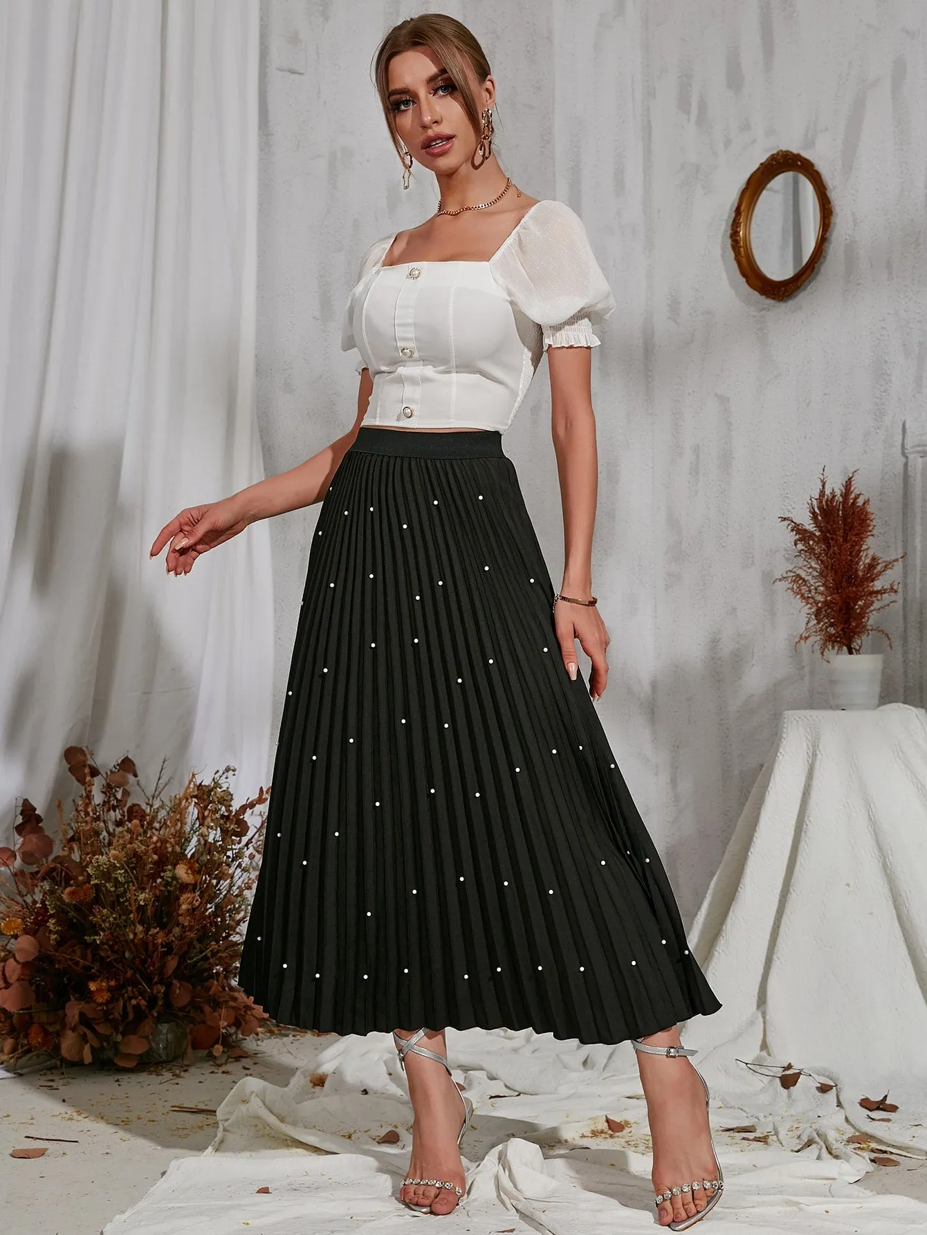 Elegant Plain Pearls High Waist Long Women Skirt