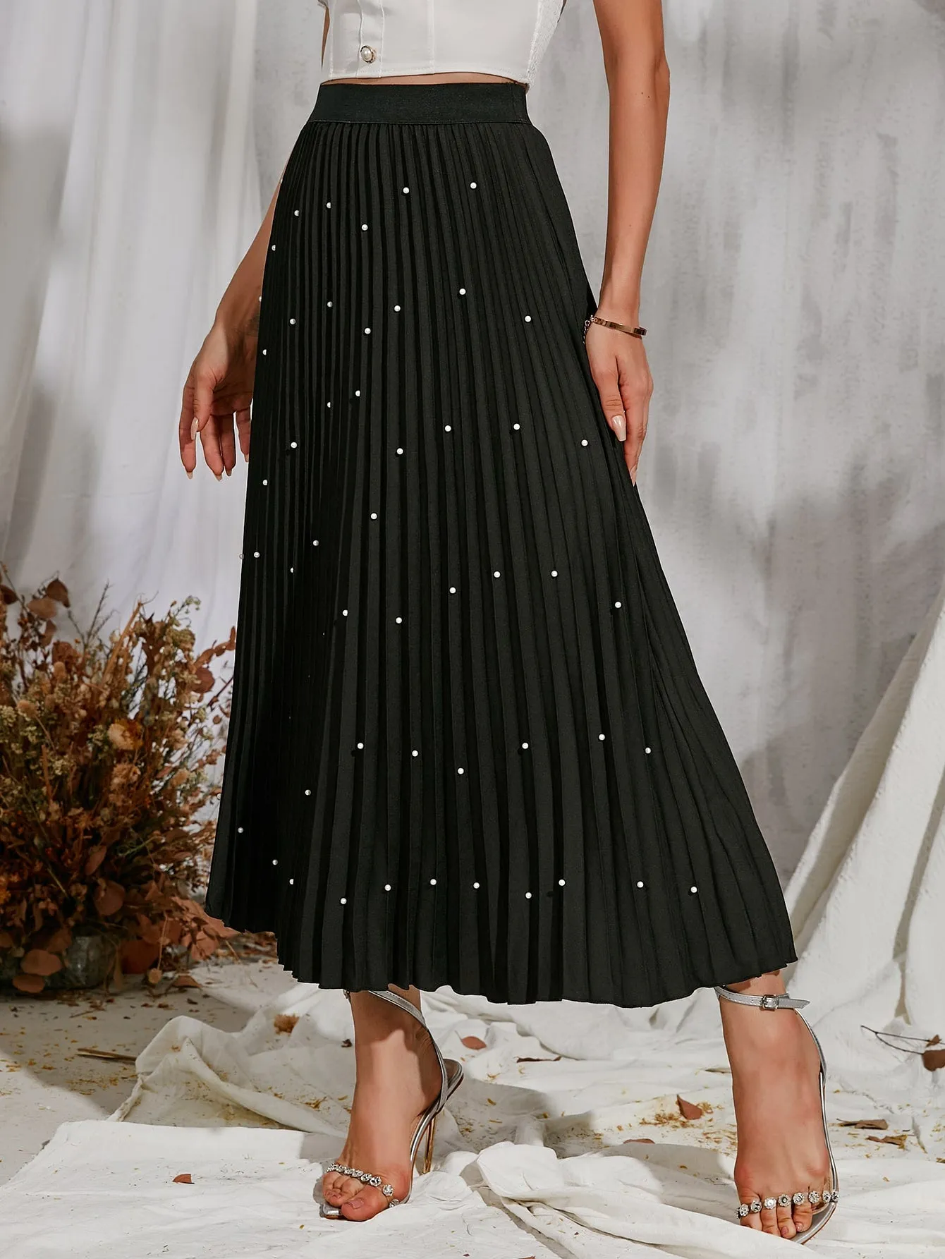 Elegant Plain Pearls High Waist Long Women Skirt