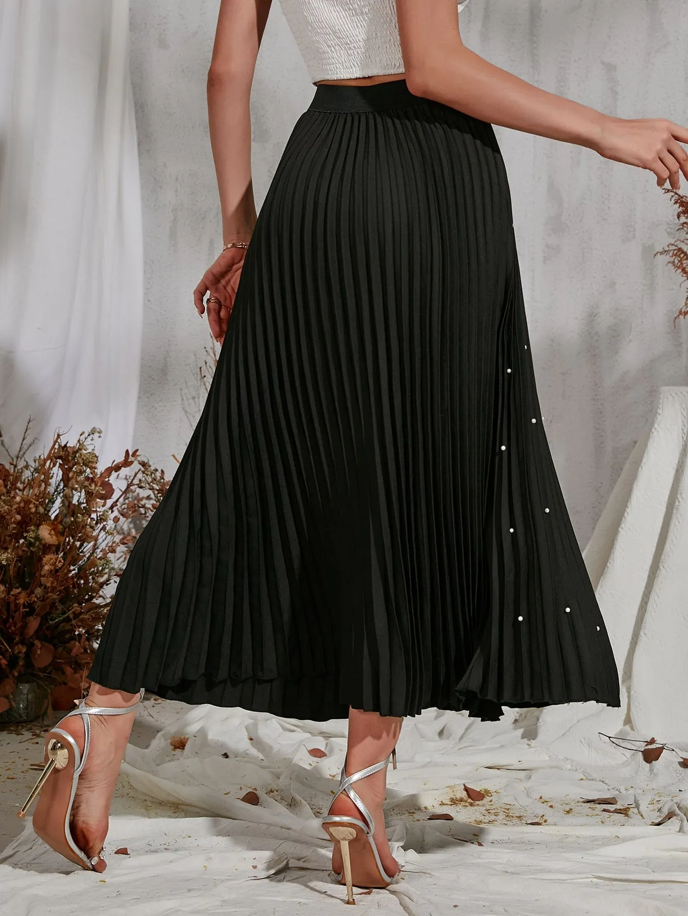 Elegant Plain Pearls High Waist Long Women Skirt