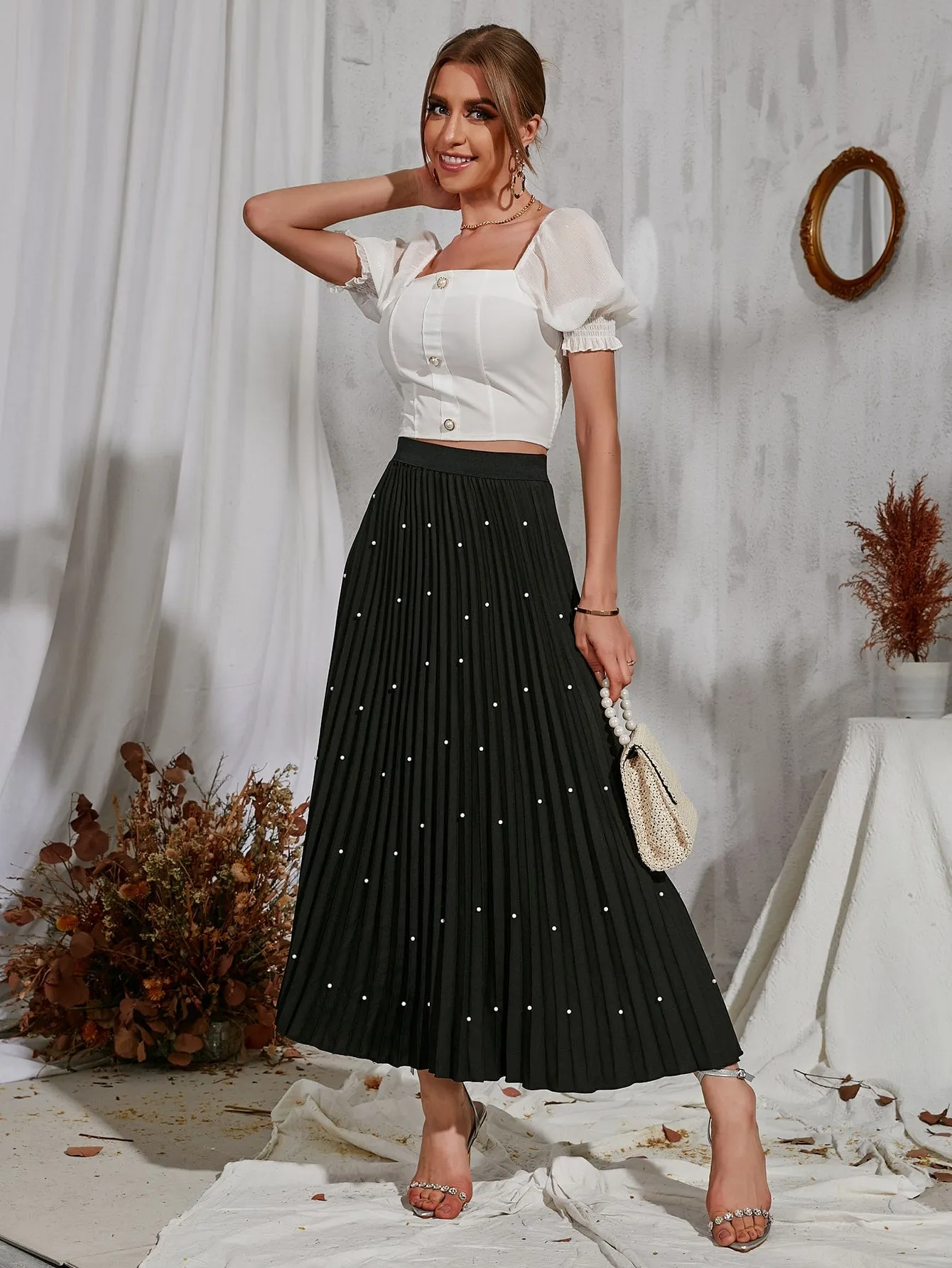 Elegant Plain Pearls High Waist Long Women Skirt