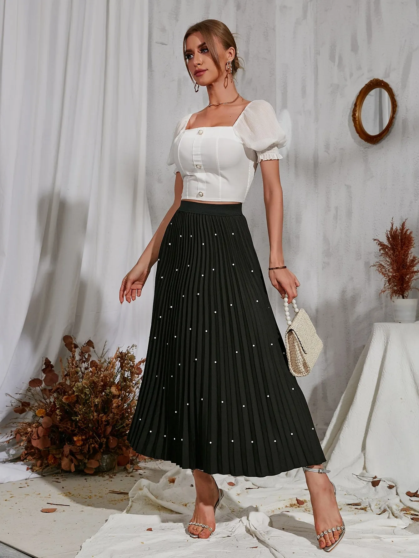 Elegant Plain Pearls High Waist Long Women Skirt