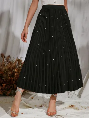 Elegant Plain Pearls High Waist Long Women Skirt