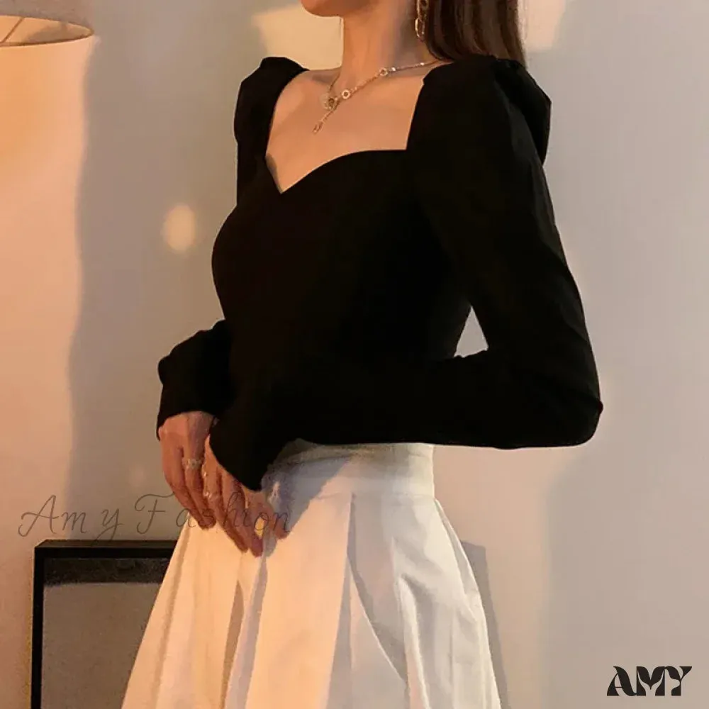 Elegant Puff Sleeve Square Collar Chic Slim Tops Blouse