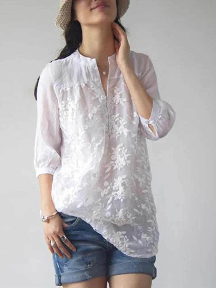 Elegant Women Solid Color Embroidery Organze Shirts