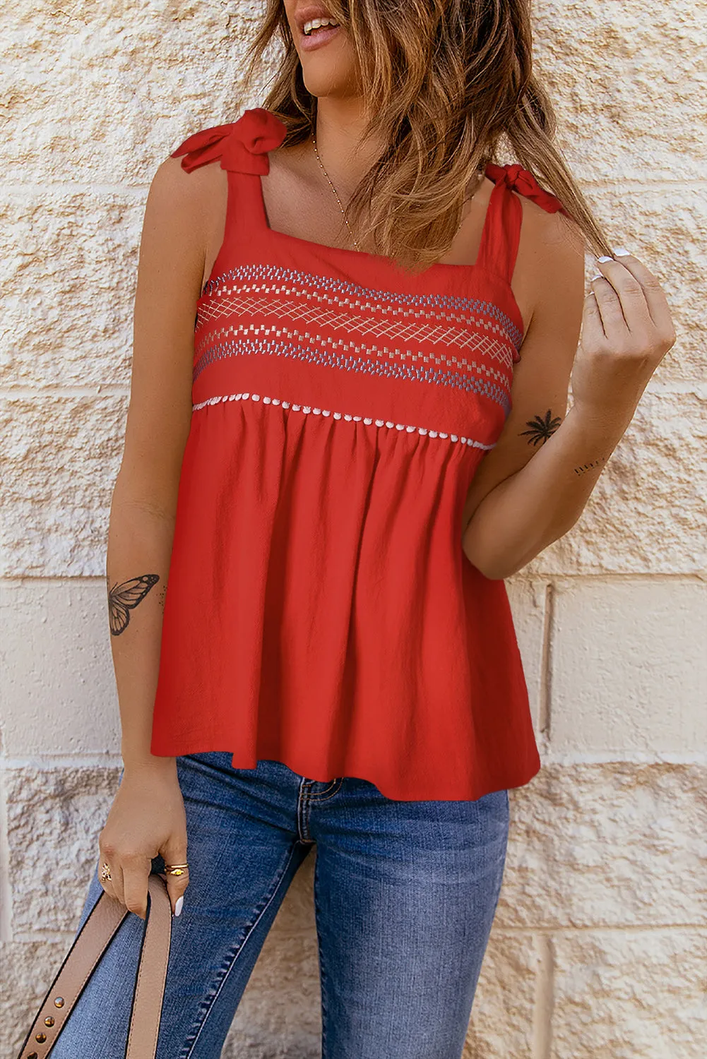 Embroidered Tie-Shoulder Babydoll Tank