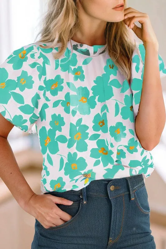 Floral Puff Sleeve Frilled Neckline Blouse