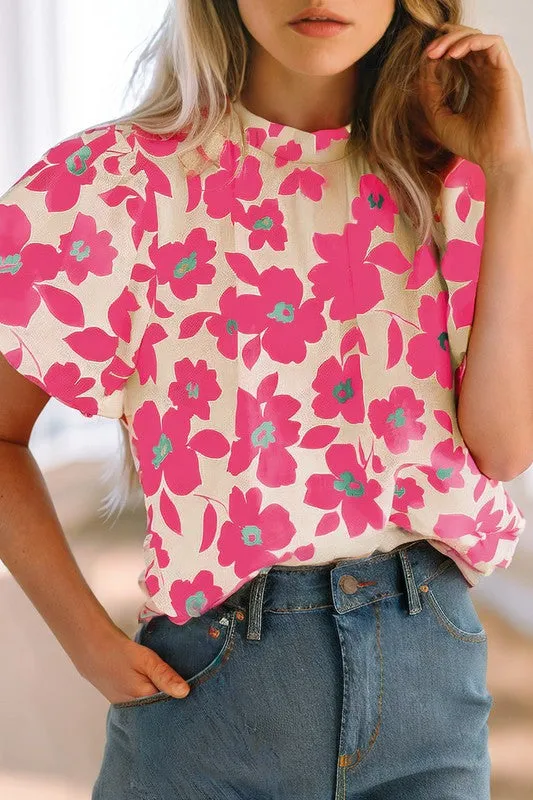 Floral Puff Sleeve Frilled Neckline Blouse