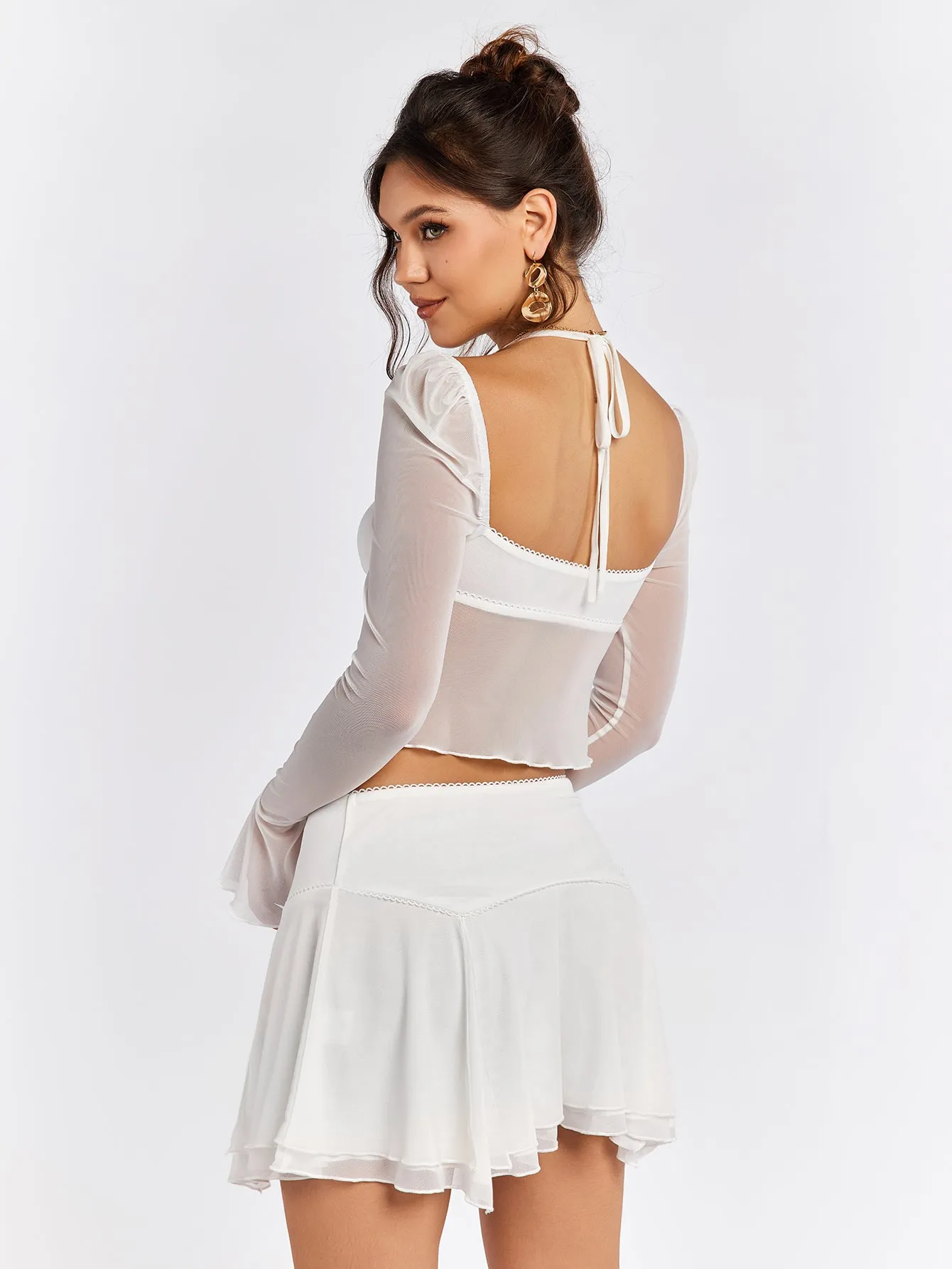 Flounce Sleeve Halter Mesh Crop Top&Flared Hem Skirt