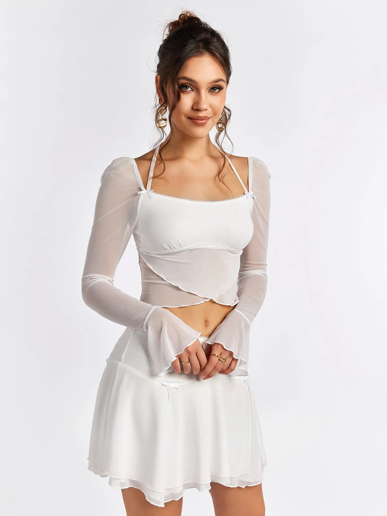 Flounce Sleeve Halter Mesh Crop Top&Flared Hem Skirt