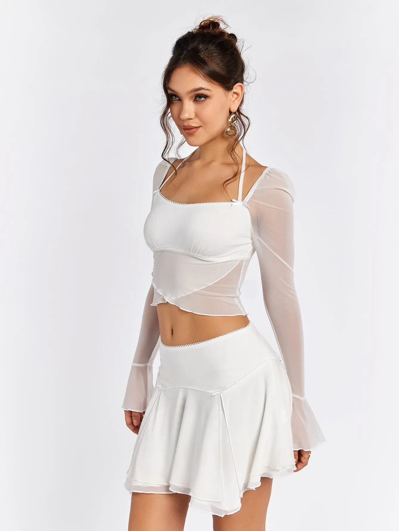 Flounce Sleeve Halter Mesh Crop Top&Flared Hem Skirt