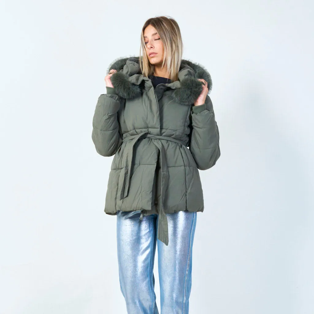 Fur-trimmed belted hooded jacket wholesale