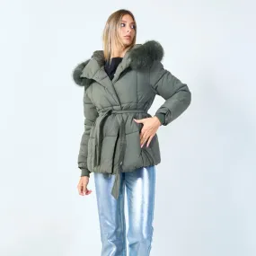 Fur-trimmed belted hooded jacket wholesale