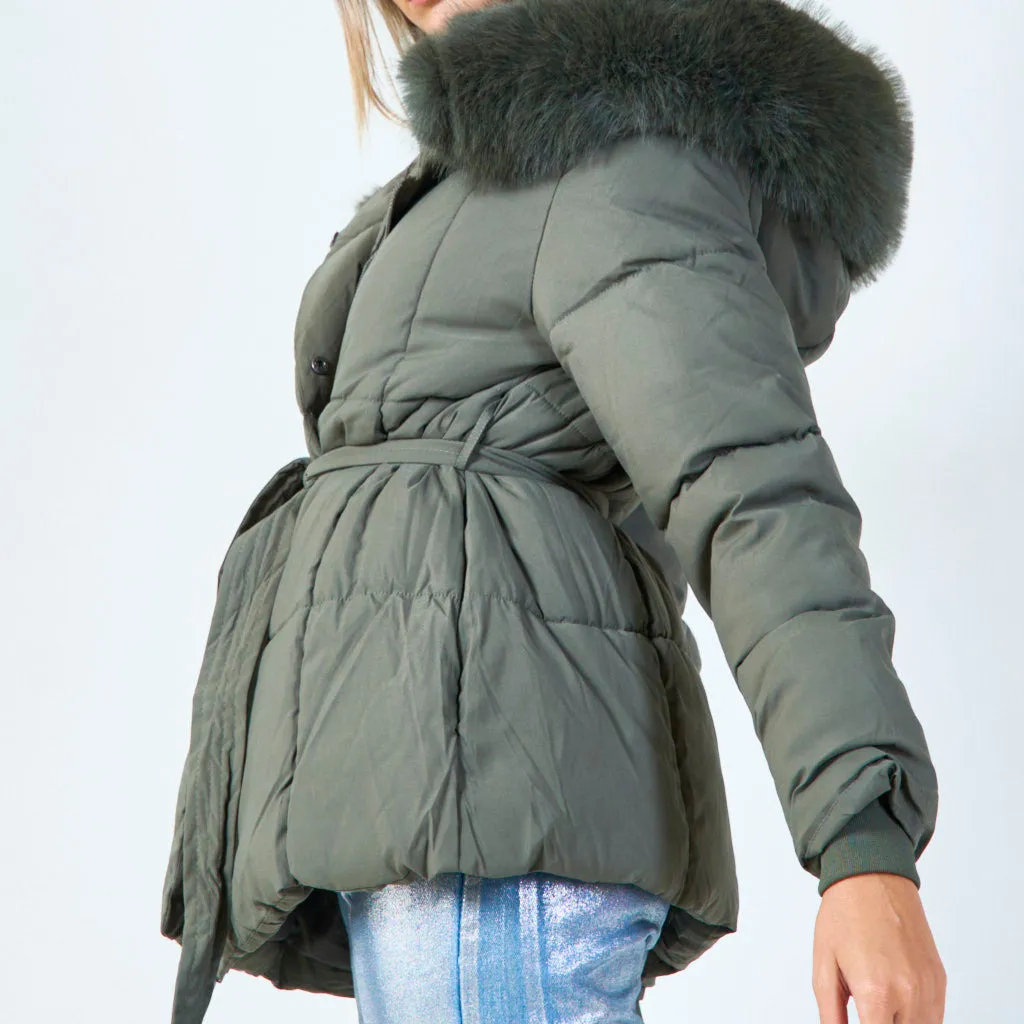 Fur-trimmed belted hooded jacket wholesale