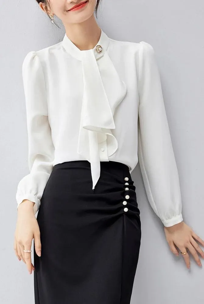 Genevieve - Elegant Bow-Tie Long Sleeve Shirt for Women