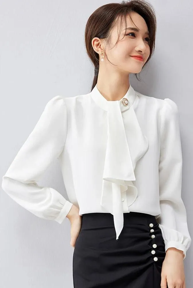 Genevieve - Elegant Bow-Tie Long Sleeve Shirt for Women