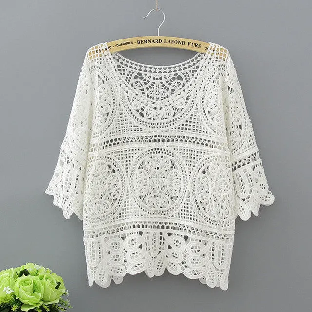 Hollow Out White Blouse Fashion 2018 Summer Crochet Lace Tops Women Transparent Casual Loose Sexy Blouses Womens Clothing