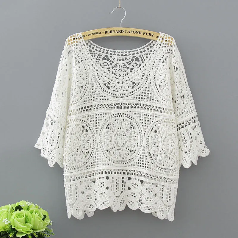 Hollow Out White Blouse Fashion 2018 Summer Crochet Lace Tops Women Transparent Casual Loose Sexy Blouses Womens Clothing