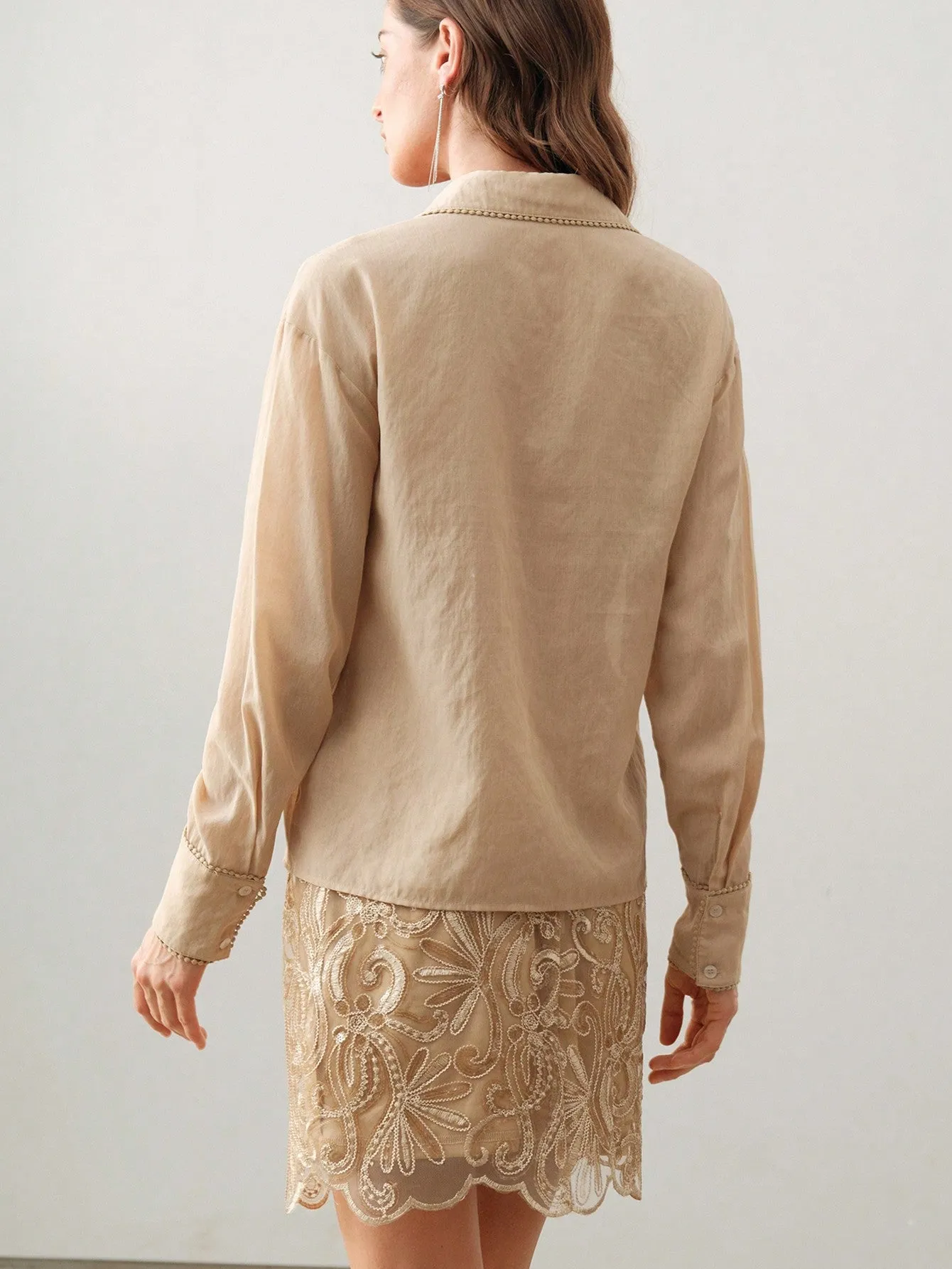 Isabella 2pcs/Set Collared Long Sleeve Embroidered Mesh Blouse & A-Line Mini Skirt Suit