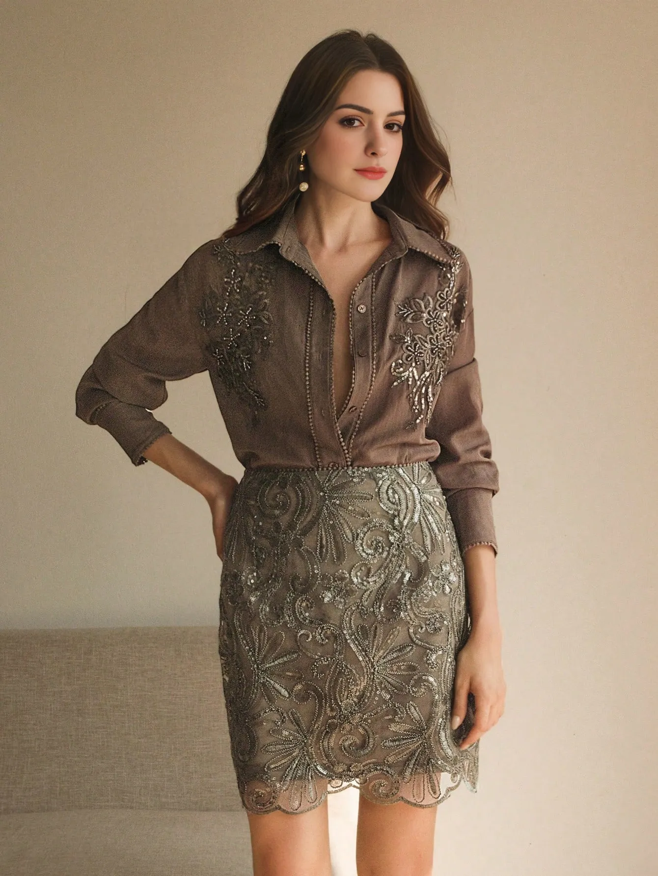 Isabella 2pcs/Set Collared Long Sleeve Embroidered Mesh Blouse & A-Line Mini Skirt Suit