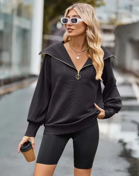 Ivyshape | Black Sweatshirt with Zipper for a Stylish Look