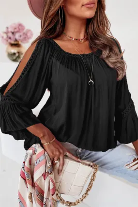 Lace Crochet Cut-Out Bracelet Sleeve Ruffle Blouse