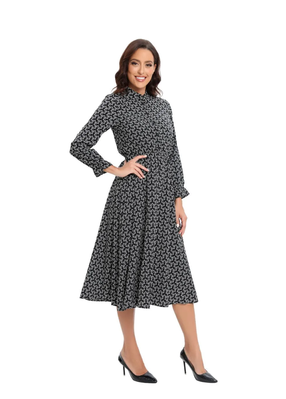 Long Sleeve Modern Print Modest Midi Dress