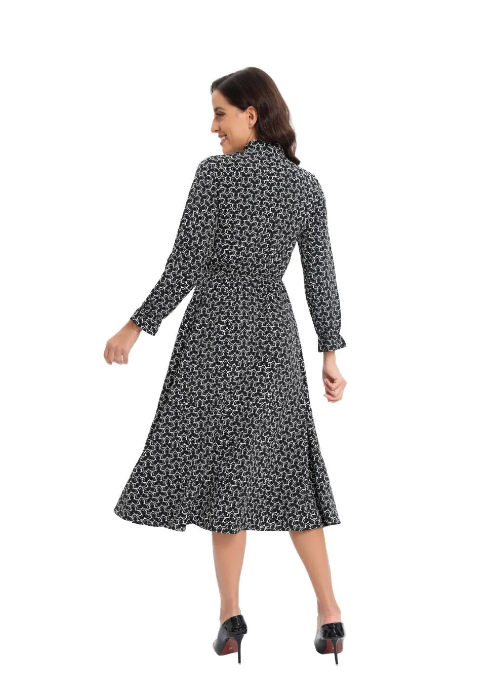 Long Sleeve Modern Print Modest Midi Dress