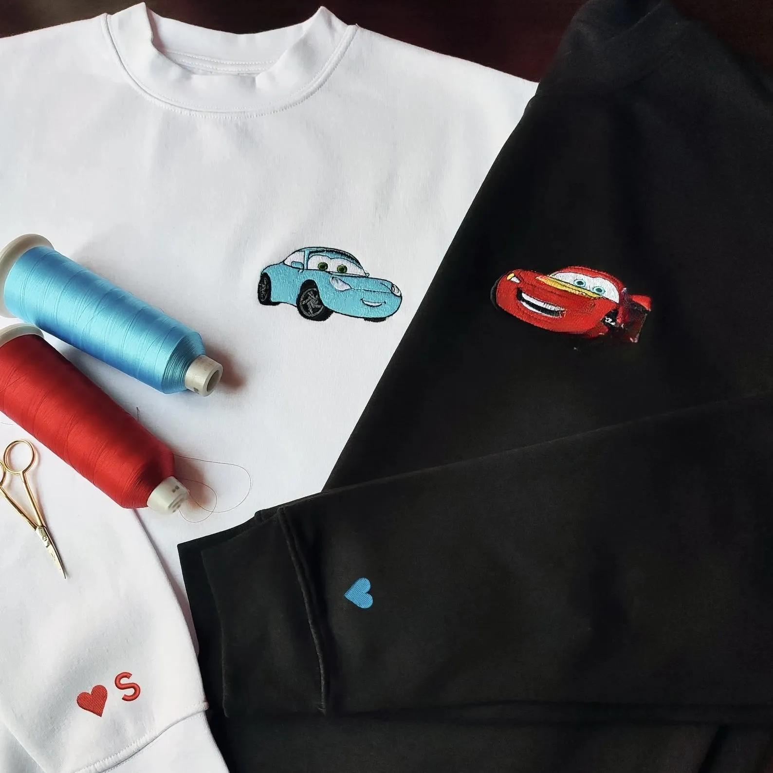 Matching Couple Hoodies - Cars Mcqueen & Sally Custom Embroidered Couples Matching Hoodies