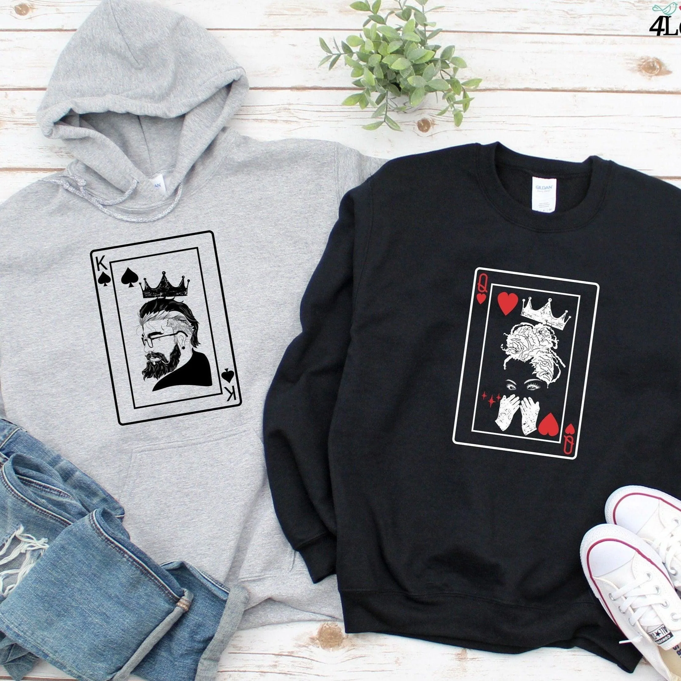 Matching Set: King & Queen Card Hoodie, Lovers T-shirt, Couples Gift, Poker Sweatshirt, Boyfriend & Girlfriend Longsleeve