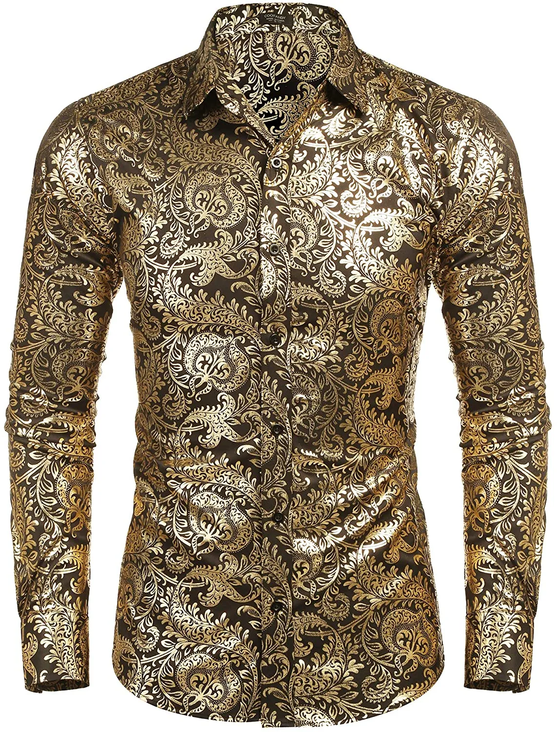 Men's Elegant Paisley Black/Gold Floral Printed Dress Shirt