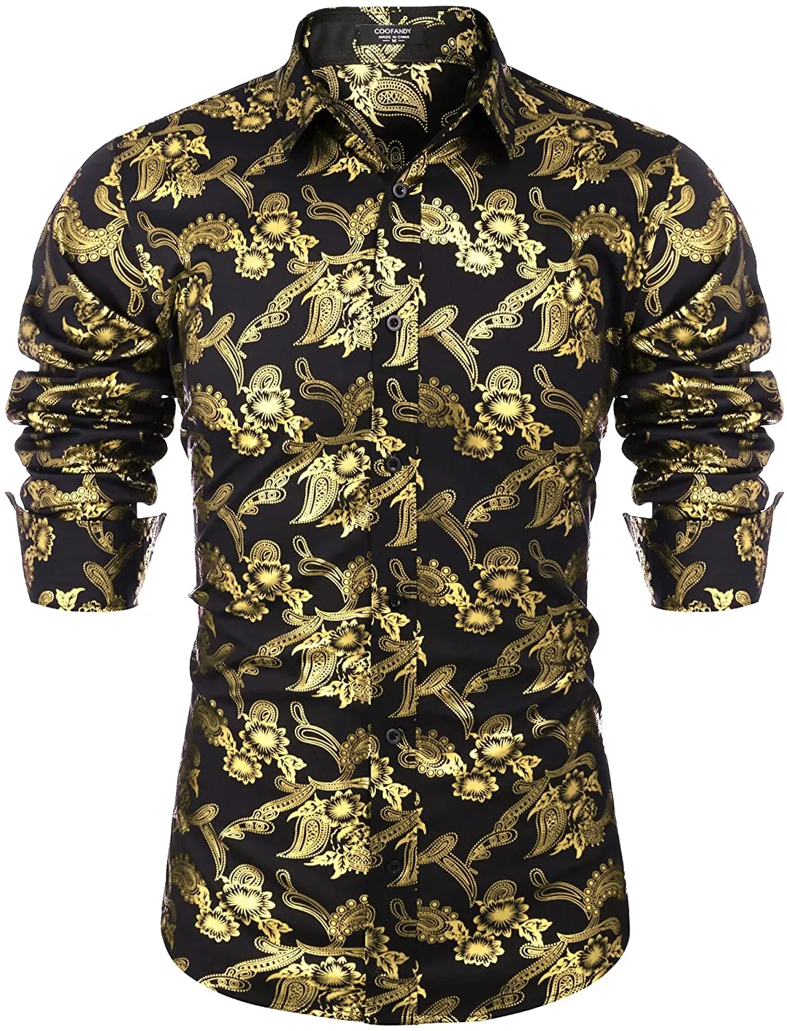 Men's Elegant Paisley Black/Gold Floral Printed Dress Shirt