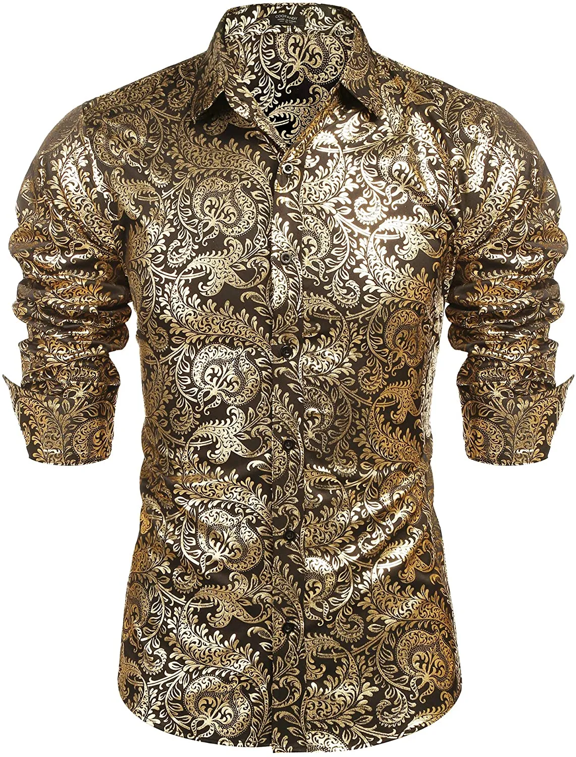 Men's Elegant Paisley Black/Gold Floral Printed Dress Shirt